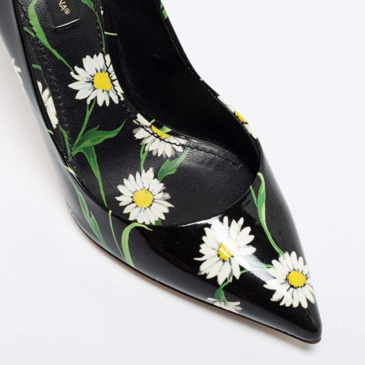 Pre Owned Dolce & Gabbana Black Patent Leather Sunflower Printed Pointed Toe Pump Size 38