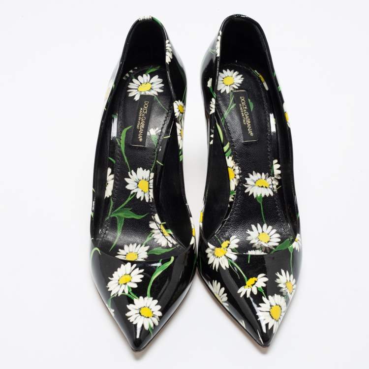 Pre Owned Dolce & Gabbana Black Patent Leather Sunflower Printed Pointed Toe Pump Size 38