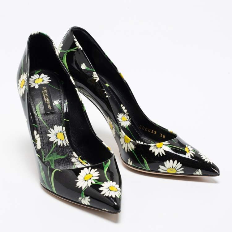 Pre Owned Dolce & Gabbana Black Patent Leather Sunflower Printed Pointed Toe Pump Size 38