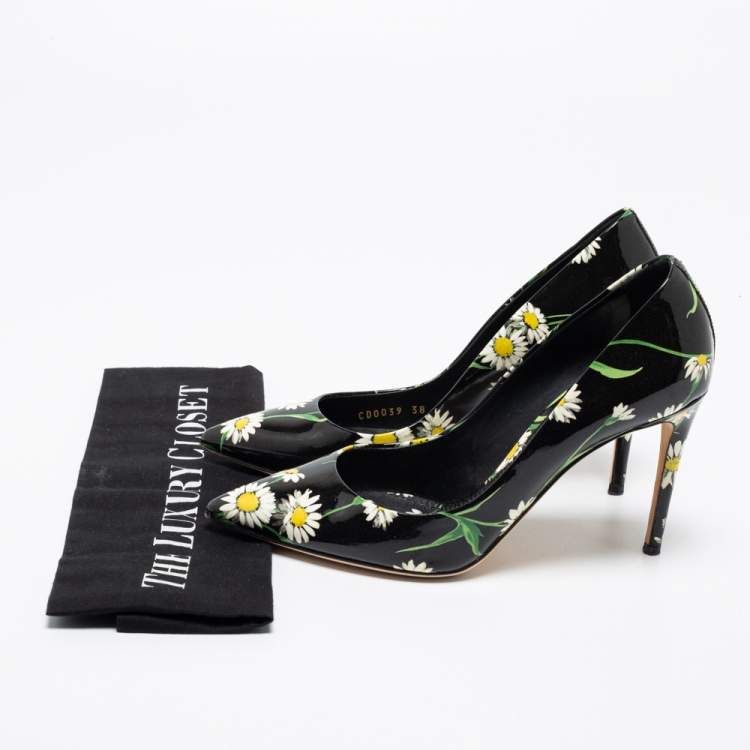 Pre Owned Dolce & Gabbana Black Patent Leather Sunflower Printed Pointed Toe Pump Size 38