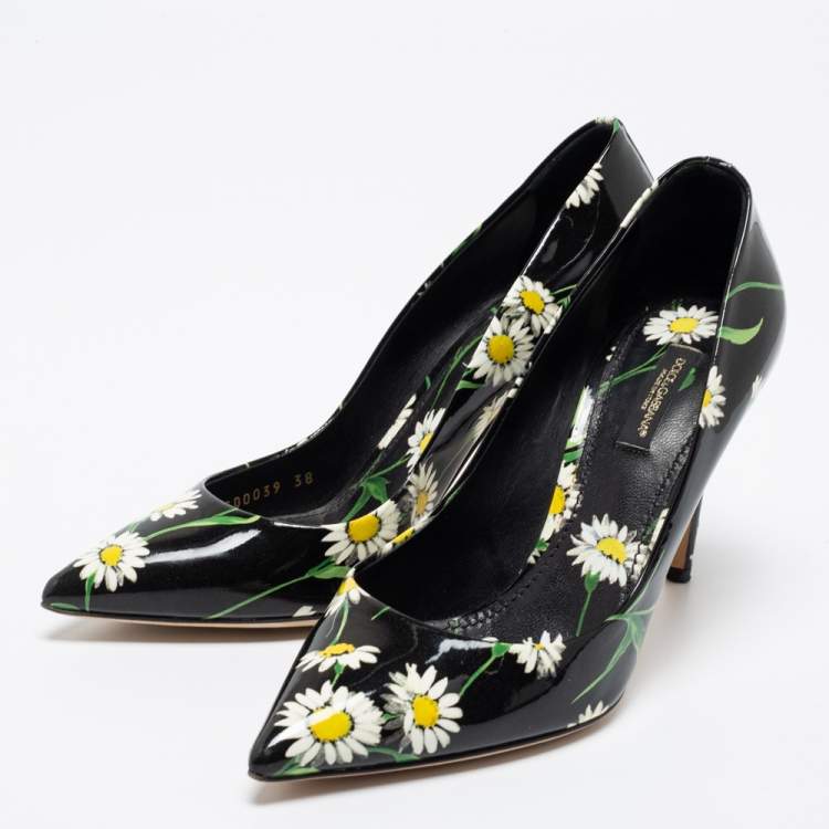 Pre Owned Dolce & Gabbana Black Patent Leather Sunflower Printed Pointed Toe Pump Size 38