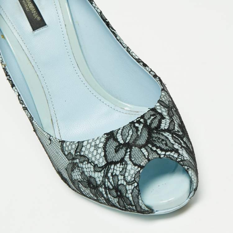 Pre Owned Dolce & Gabbana Blue/Black Patent Leather and Lace Peep Toe Pumps Size 39