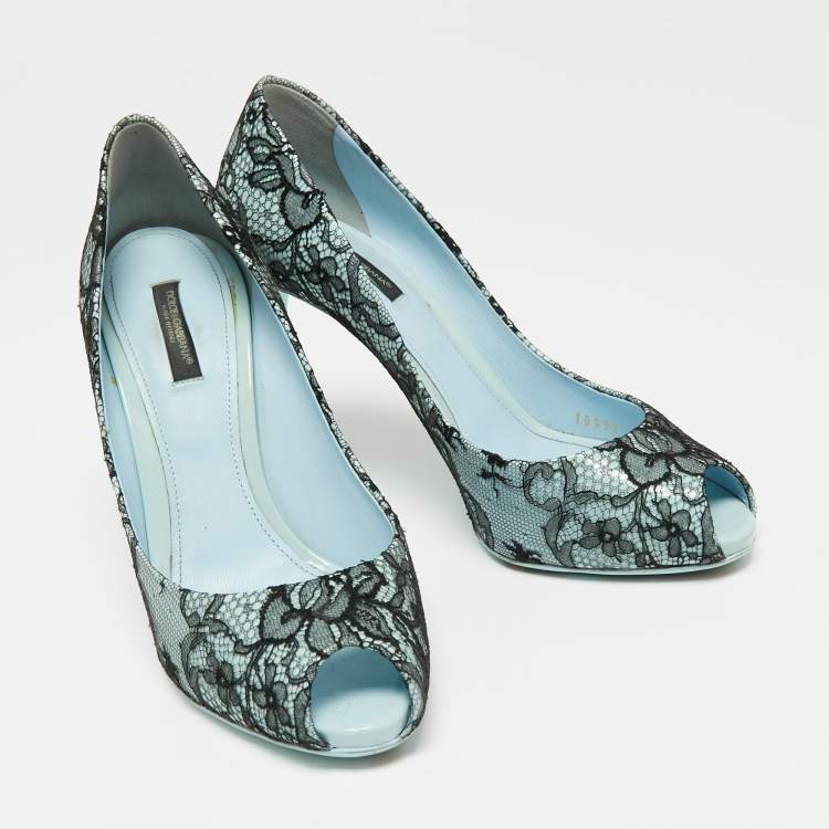 Pre Owned Dolce & Gabbana Blue/Black Patent Leather and Lace Peep Toe Pumps Size 39