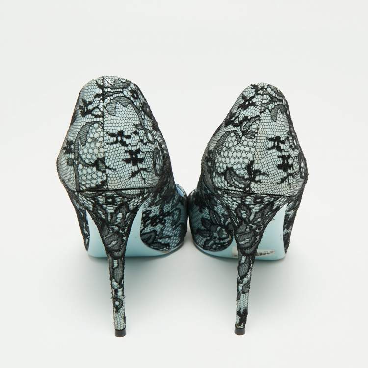 Pre Owned Dolce & Gabbana Blue/Black Patent Leather and Lace Peep Toe Pumps Size 39