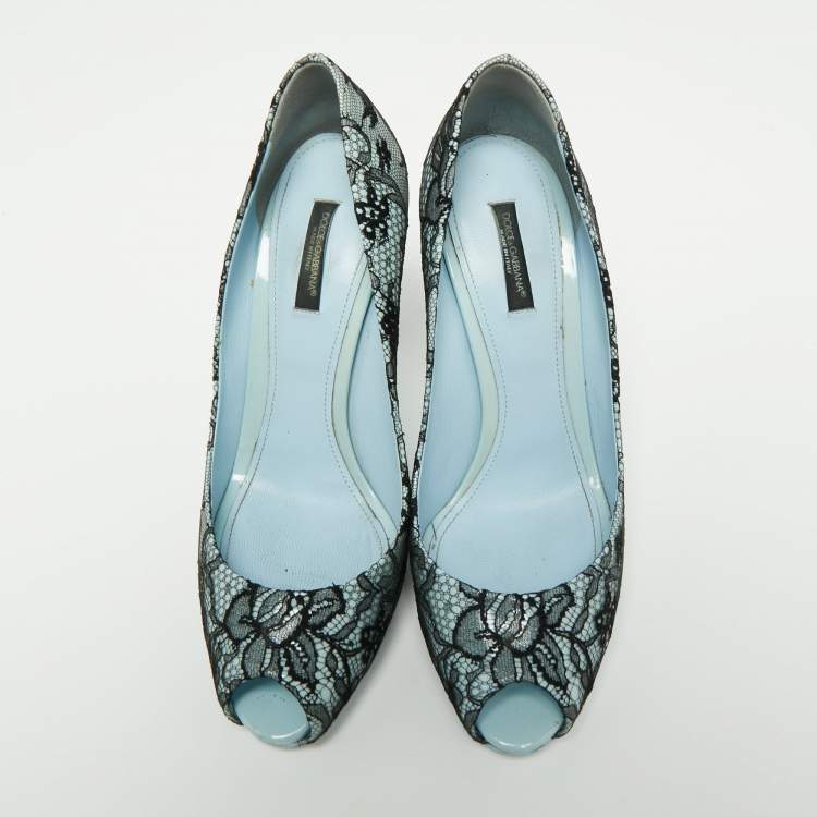 Pre Owned Dolce & Gabbana Blue/Black Patent Leather and Lace Peep Toe Pumps Size 39
