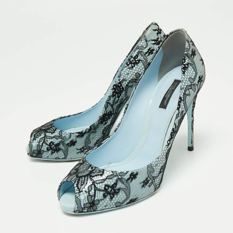 Pre Owned Dolce & Gabbana Blue/Black Patent Leather and Lace Peep Toe Pumps Size 39