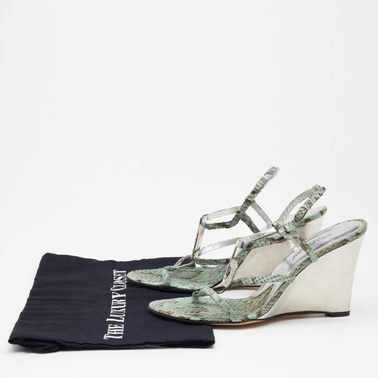 Pre Owned Dolce & Gabbana Green/Brown Python Embellished Wedge Strappy Sandals Size 40