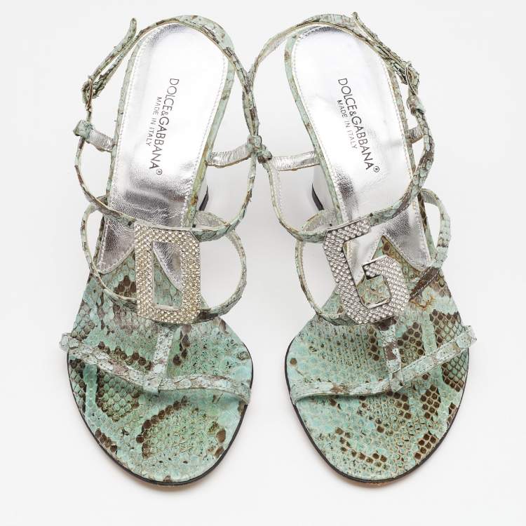 Pre Owned Dolce & Gabbana Green/Brown Python Embellished Wedge Strappy Sandals Size 40
