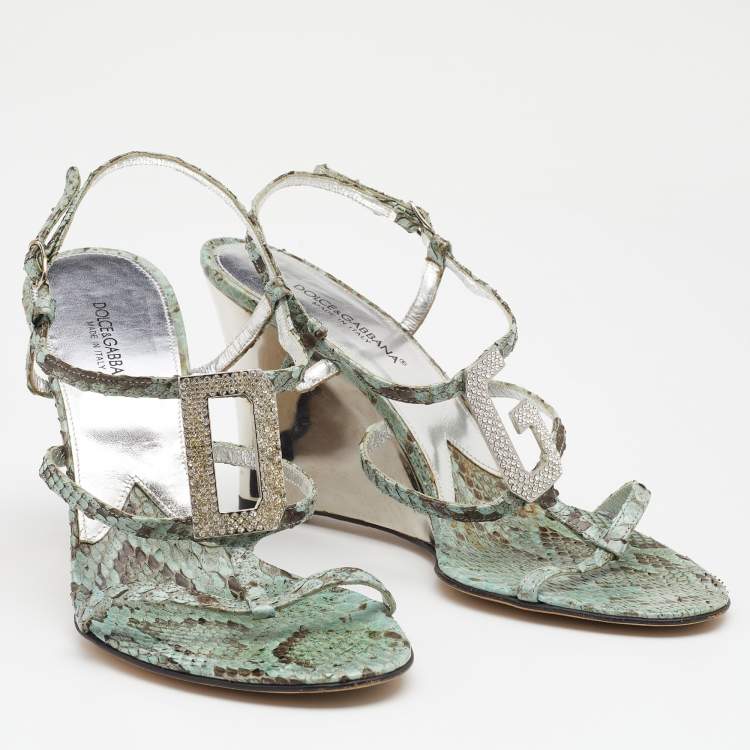 Pre Owned Dolce & Gabbana Green/Brown Python Embellished Wedge Strappy Sandals Size 40