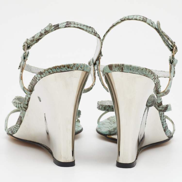 Pre Owned Dolce & Gabbana Green/Brown Python Embellished Wedge Strappy Sandals Size 40