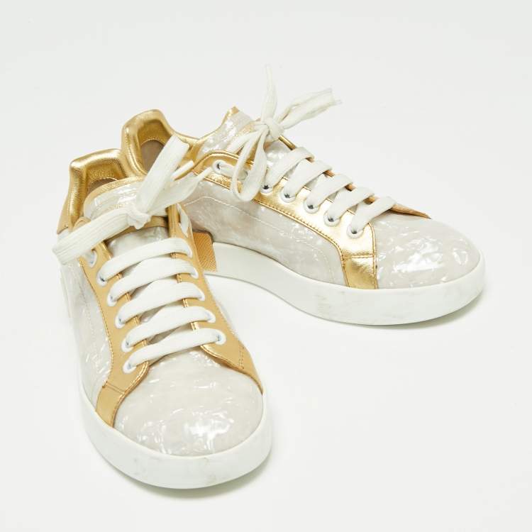 Pre Owned Dolce & Gabbana Gold/White Portofino Leather And PVC  Trainers Low Top Sneakers 38