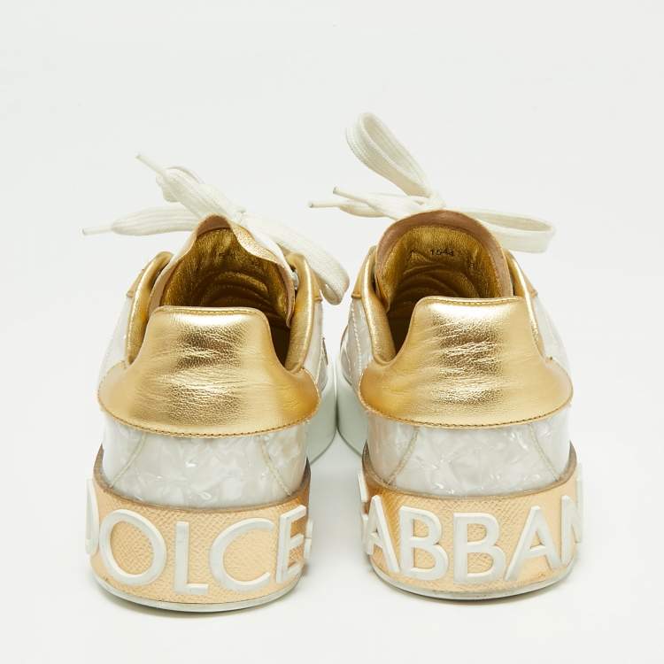 Pre Owned Dolce & Gabbana Gold/White Portofino Leather And PVC  Trainers Low Top Sneakers 38