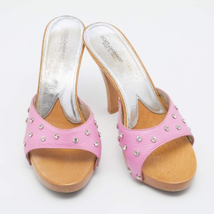 مملوكة مسبقًا Dolce & Gabbana Pink Leather Crystal Embellished Wooden Platform Slide Sandals Size 40