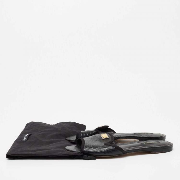 Pre Owned Dolce and Gabbana Black Lizard Embossed Leather Sofia Slide Size 38.5