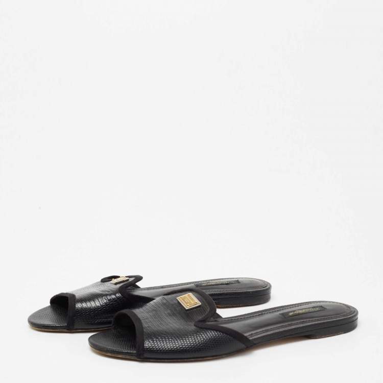 Pre Owned Dolce and Gabbana Black Lizard Embossed Leather Sofia Slide Size 38.5