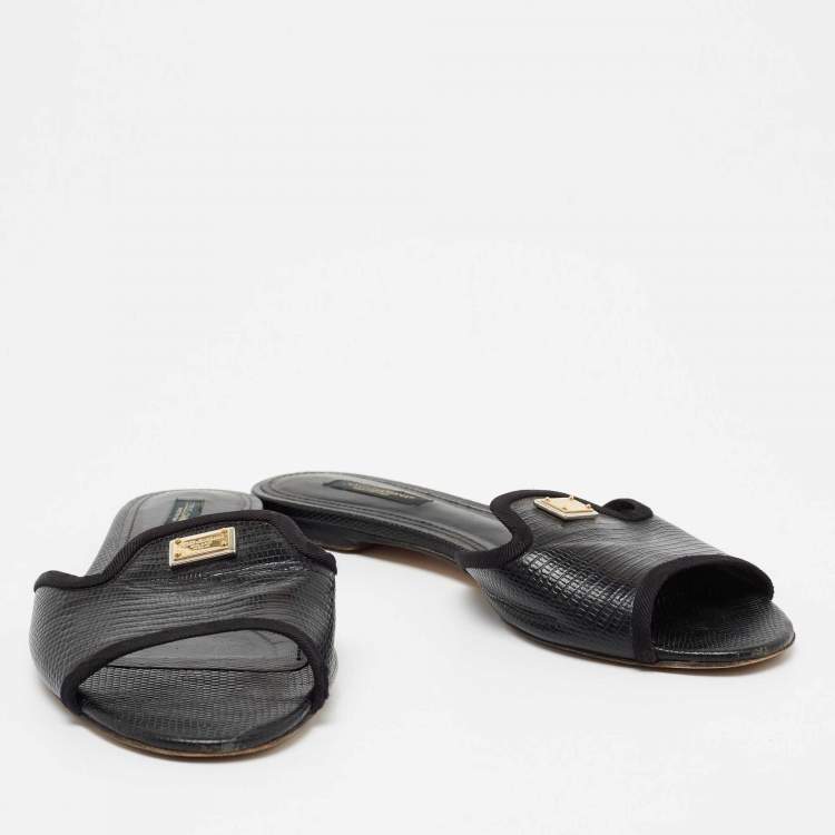 Pre Owned Dolce and Gabbana Black Lizard Embossed Leather Sofia Slide Size 38.5