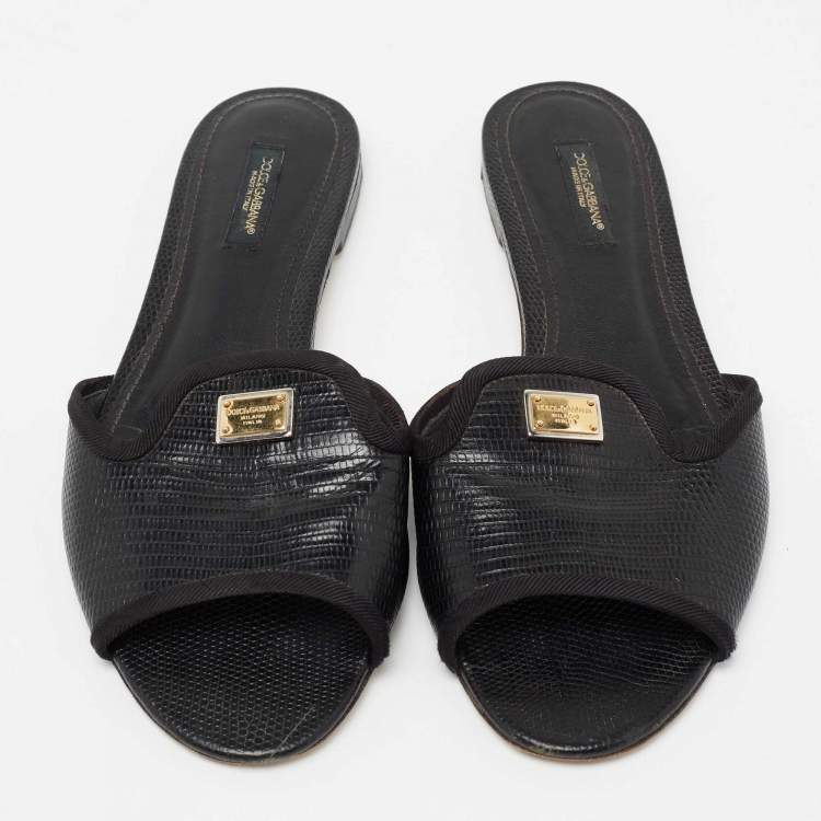 Pre Owned Dolce and Gabbana Black Lizard Embossed Leather Sofia Slide Size 38.5