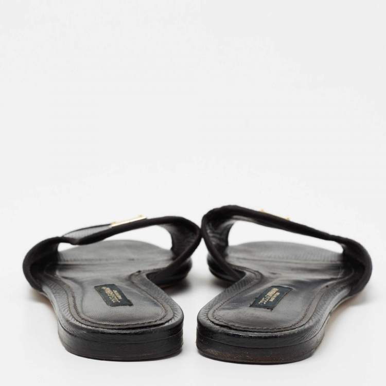 Pre Owned Dolce and Gabbana Black Lizard Embossed Leather Sofia Slide Size 38.5