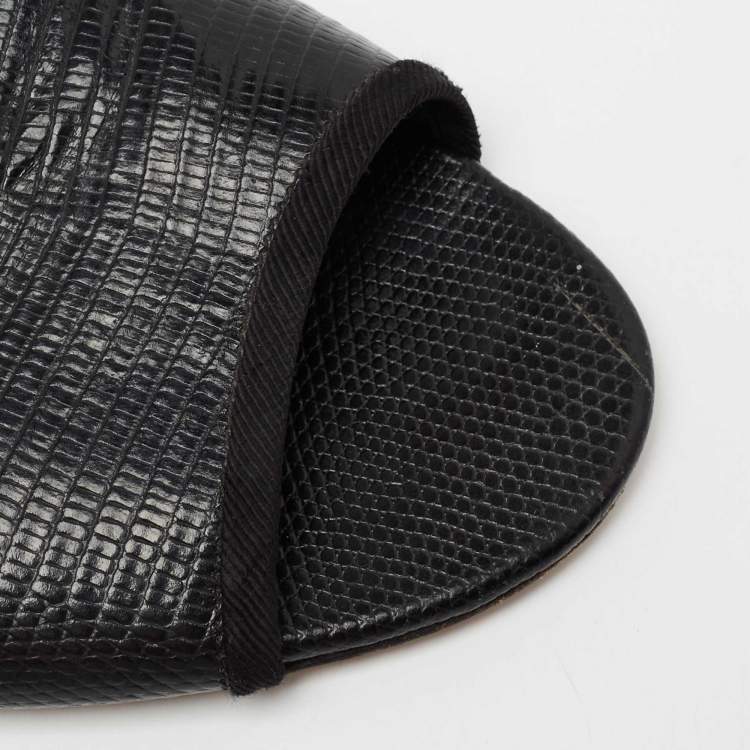 Pre Owned Dolce and Gabbana Black Lizard Embossed Leather Sofia Slide Size 38.5