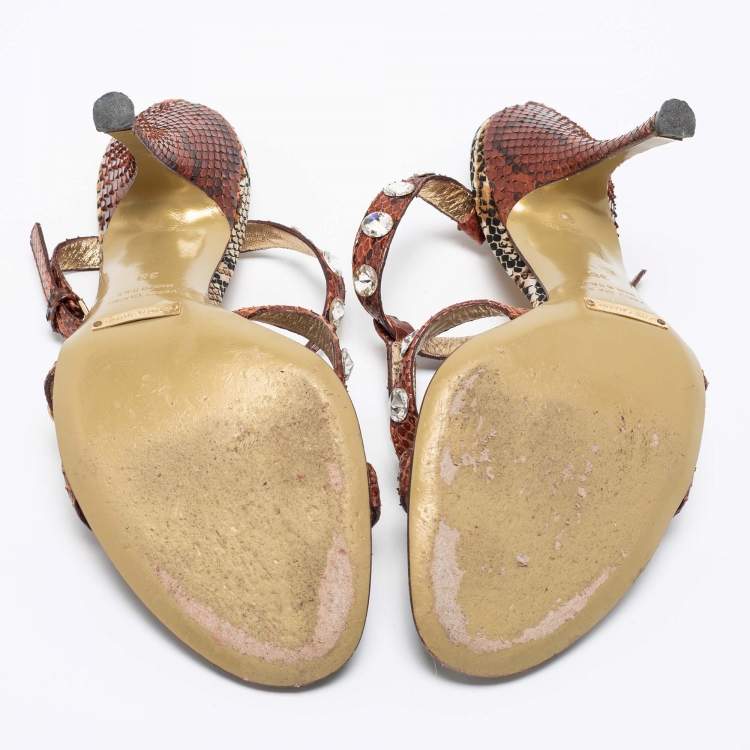 Pre Owned Dolce & Gabbana Brown/Beige Python Crystal Embellished T-Strap Sandals Size 38