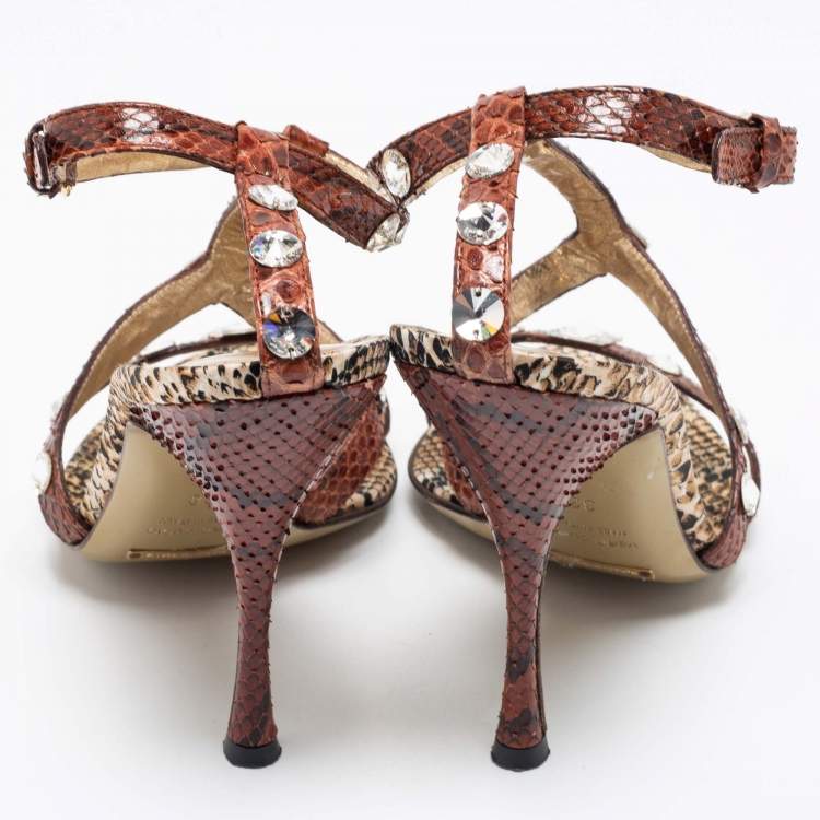 Pre Owned Dolce & Gabbana Brown/Beige Python Crystal Embellished T-Strap Sandals Size 38