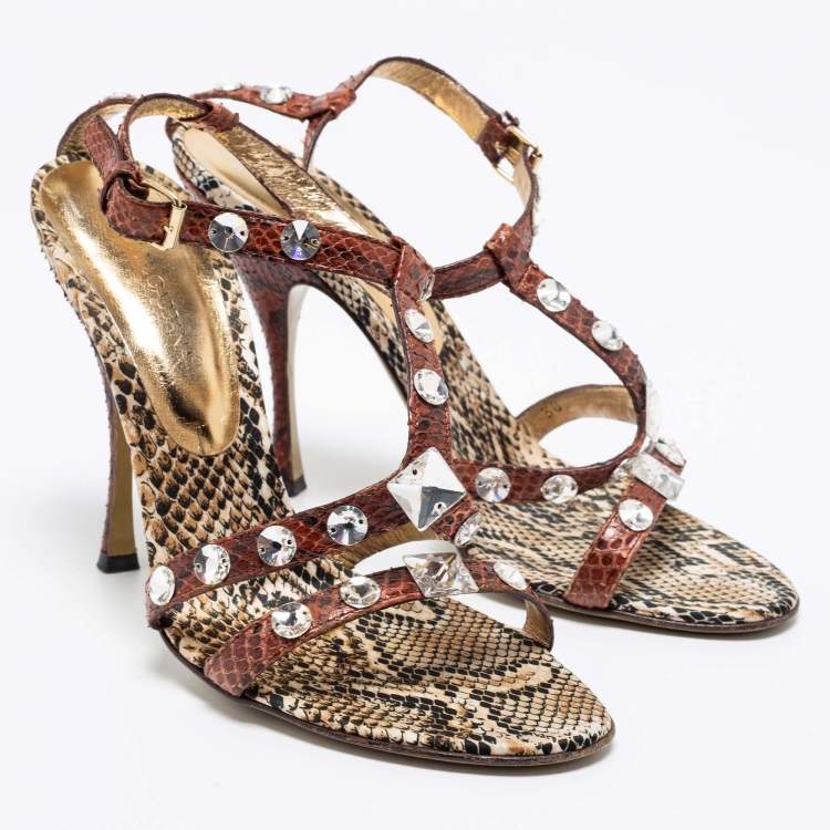 Pre Owned Dolce & Gabbana Brown/Beige Python Crystal Embellished T-Strap Sandals Size 38