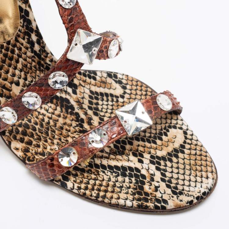 Pre Owned Dolce & Gabbana Brown/Beige Python Crystal Embellished T-Strap Sandals Size 38