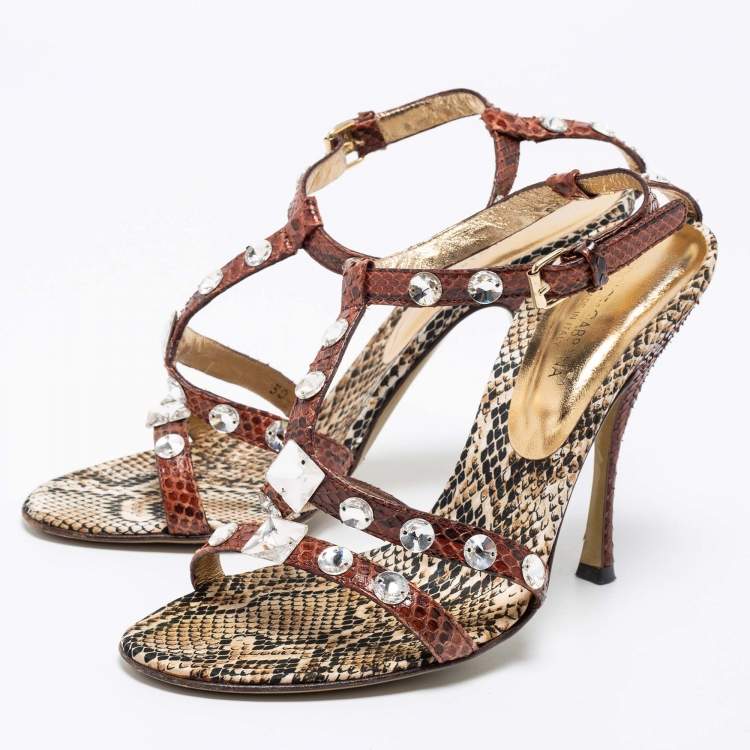 Pre Owned Dolce & Gabbana Brown/Beige Python Crystal Embellished T-Strap Sandals Size 38