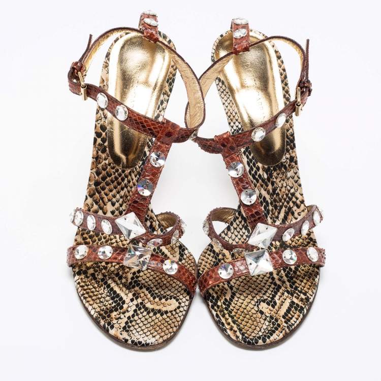Pre Owned Dolce & Gabbana Brown/Beige Python Crystal Embellished T-Strap Sandals Size 38