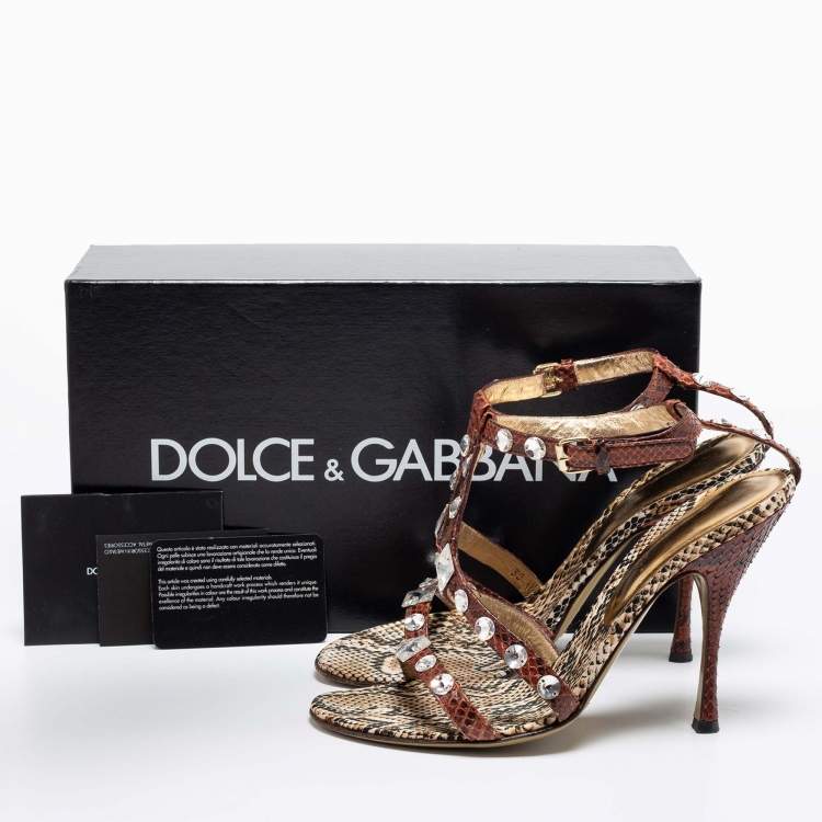 Pre Owned Dolce & Gabbana Brown/Beige Python Crystal Embellished T-Strap Sandals Size 38
