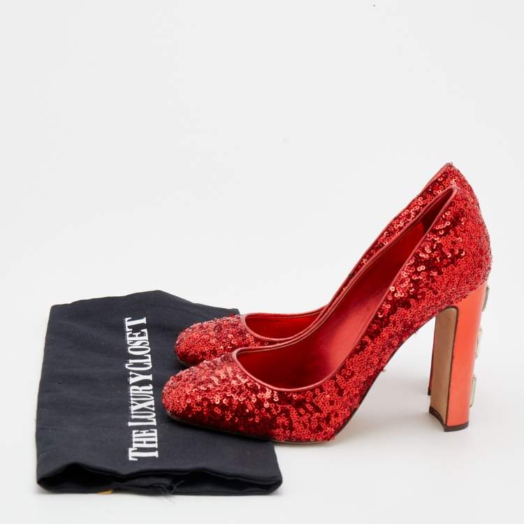 Pre Owned Dolce & Gabbana Red Sequin Block Heels Pumps Size 39
