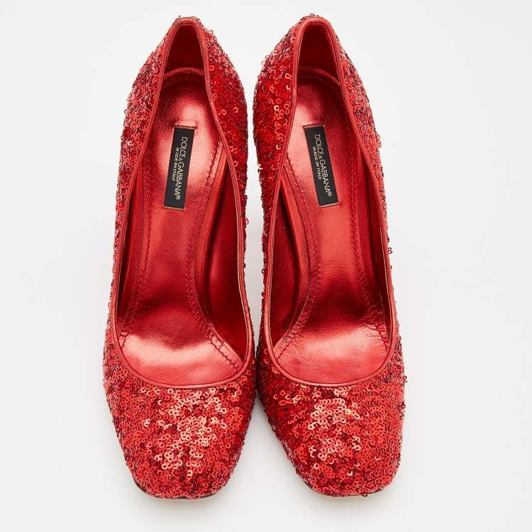 Pre Owned Dolce & Gabbana Red Sequin Block Heels Pumps Size 39