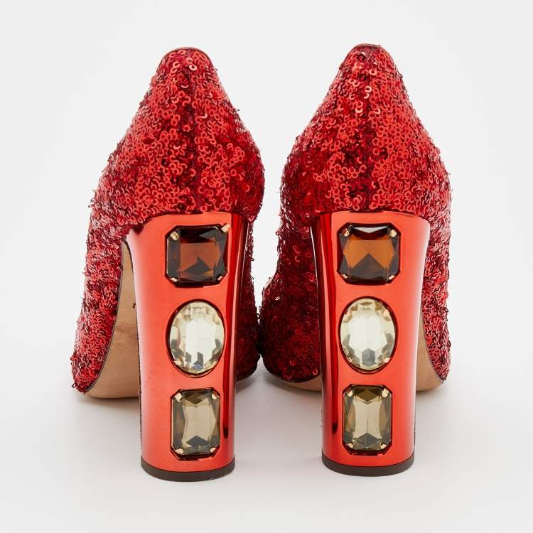Pre Owned Dolce & Gabbana Red Sequin Block Heels Pumps Size 39