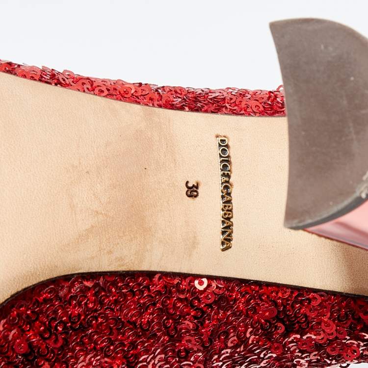 Pre Owned Dolce & Gabbana Red Sequin Block Heels Pumps Size 39
