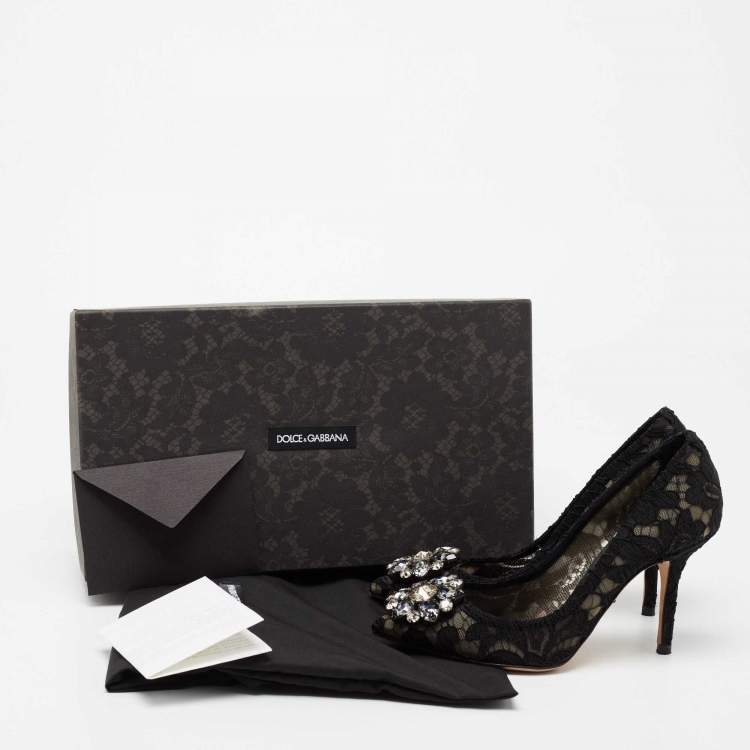Pre Owned Dolce & Gabbana Black Lace And Mesh Crystal Embellished Brooch Detail Rainbow Pumps Size 35