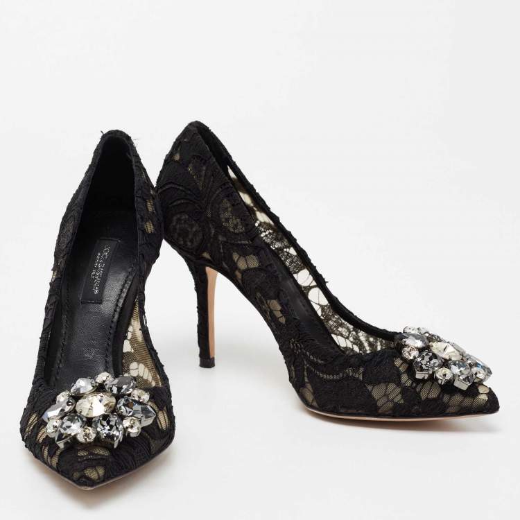 Pre Owned Dolce & Gabbana Black Lace And Mesh Crystal Embellished Brooch Detail Rainbow Pumps Size 35