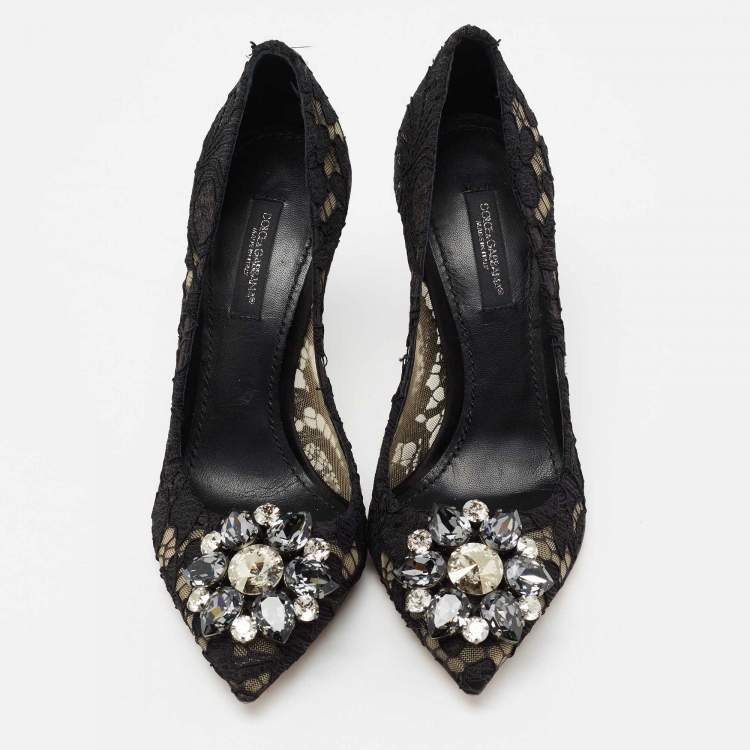 Pre Owned Dolce & Gabbana Black Lace And Mesh Crystal Embellished Brooch Detail Rainbow Pumps Size 35