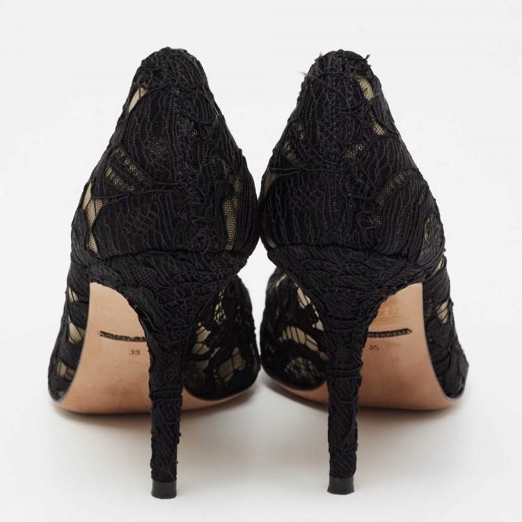 Pre Owned Dolce & Gabbana Black Lace And Mesh Crystal Embellished Brooch Detail Rainbow Pumps Size 35