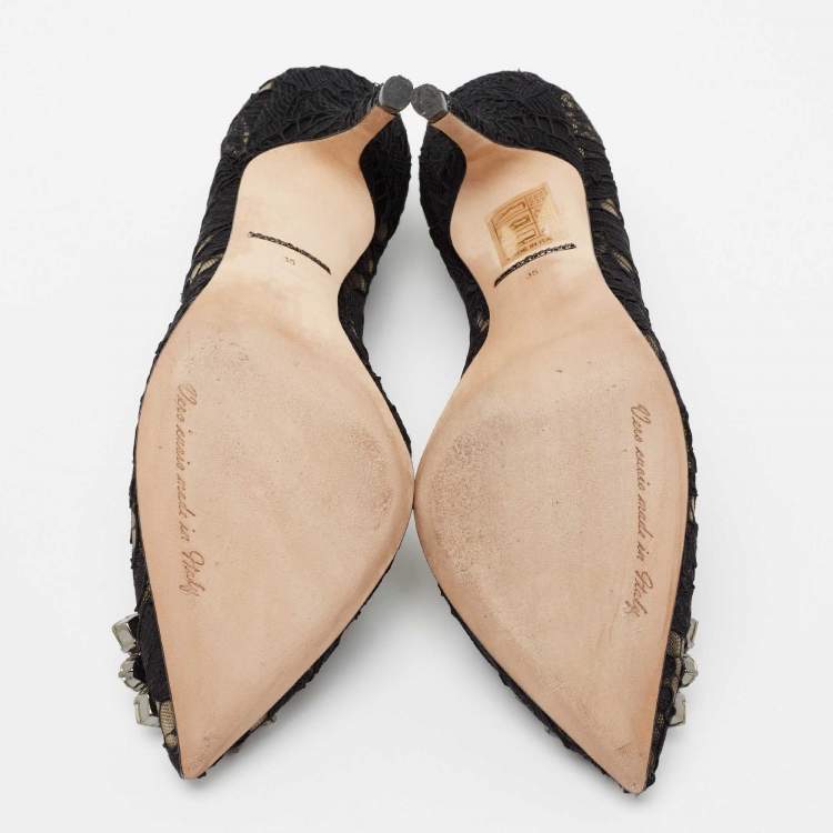 Pre Owned Dolce & Gabbana Black Lace And Mesh Crystal Embellished Brooch Detail Rainbow Pumps Size 35