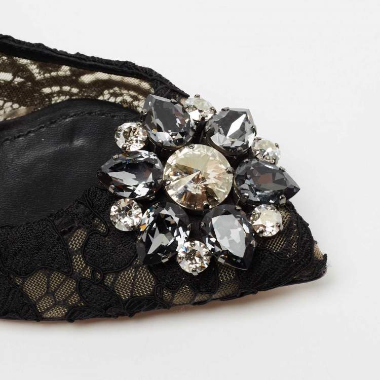Pre Owned Dolce & Gabbana Black Lace And Mesh Crystal Embellished Brooch Detail Rainbow Pumps Size 35