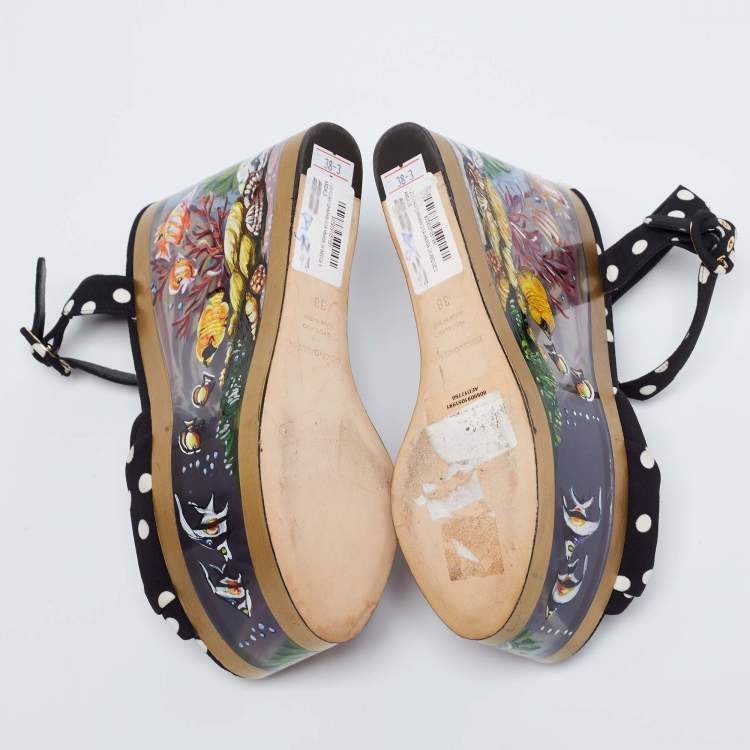 Pre Owned Dolce & Gabbana Black/White Polka Dot Print Fabric Aquarium Print Wedge Platform Sandals Size 38