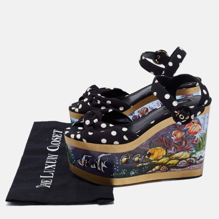 Pre Owned Dolce & Gabbana Black/White Polka Dot Print Fabric Aquarium Print Wedge Platform Sandals Size 38