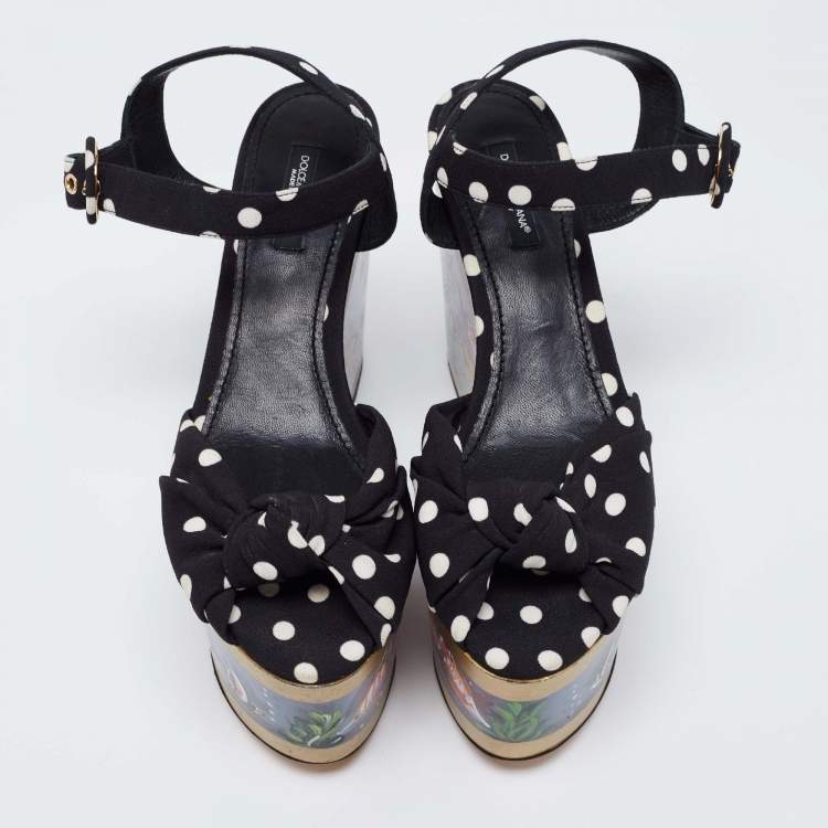 Pre Owned Dolce & Gabbana Black/White Polka Dot Print Fabric Aquarium Print Wedge Platform Sandals Size 38
