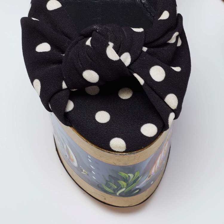 Pre Owned Dolce & Gabbana Black/White Polka Dot Print Fabric Aquarium Print Wedge Platform Sandals Size 38