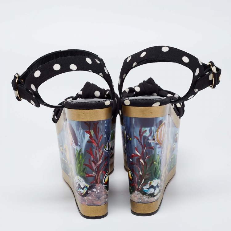 Pre Owned Dolce & Gabbana Black/White Polka Dot Print Fabric Aquarium Print Wedge Platform Sandals Size 38