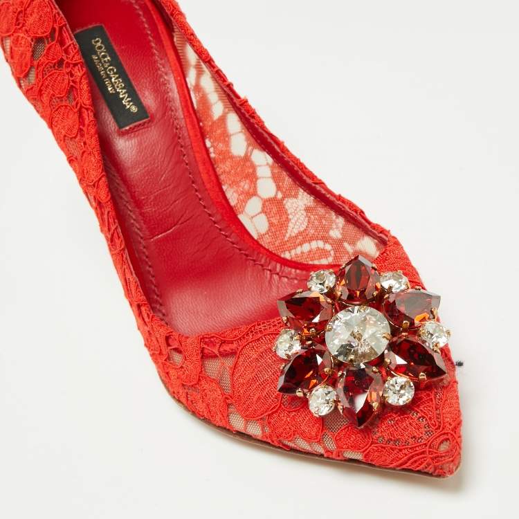 Pre Owned Dolce & Gabbana Red Lace Taormina Pumps Size 38