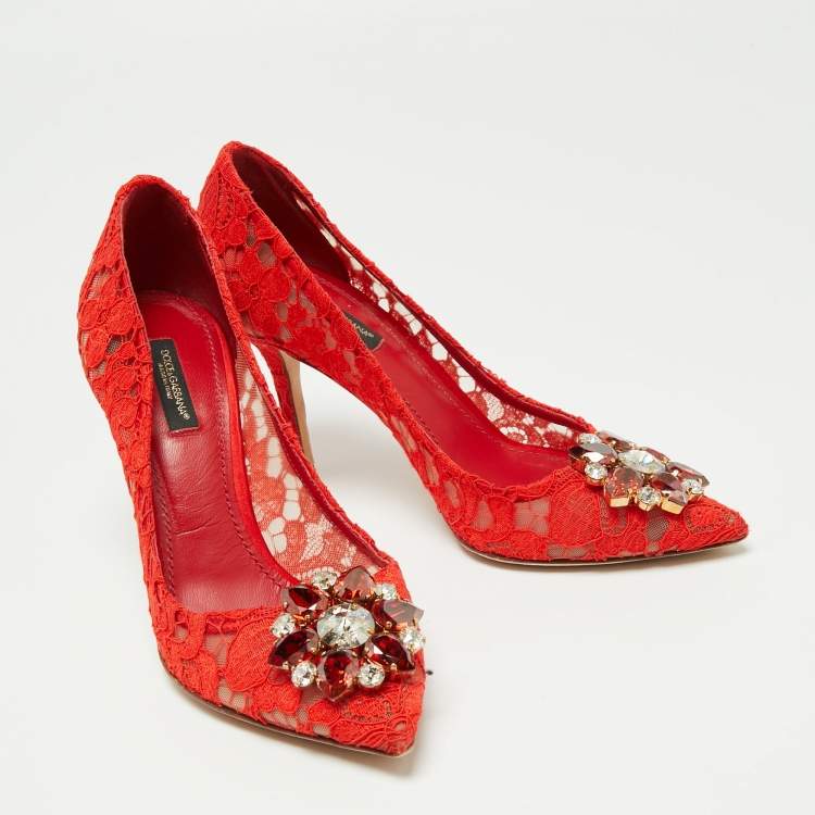 Pre Owned Dolce & Gabbana Red Lace Taormina Pumps Size 38
