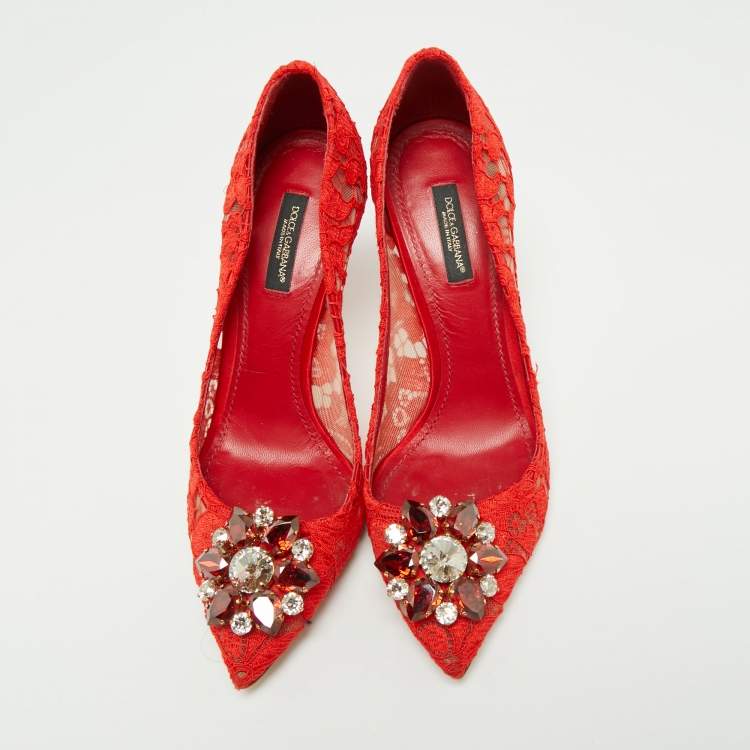 Pre Owned Dolce & Gabbana Red Lace Taormina Pumps Size 38