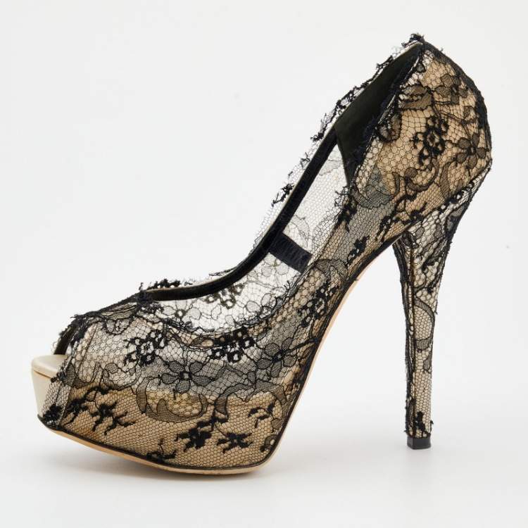 Pre Owned Dolce & Gabbana Black/Beige Lace And Satin Peep Toe Platform Pumps Size 40