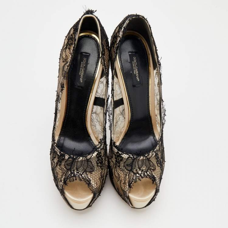 Pre Owned Dolce & Gabbana Black/Beige Lace And Satin Peep Toe Platform Pumps Size 40